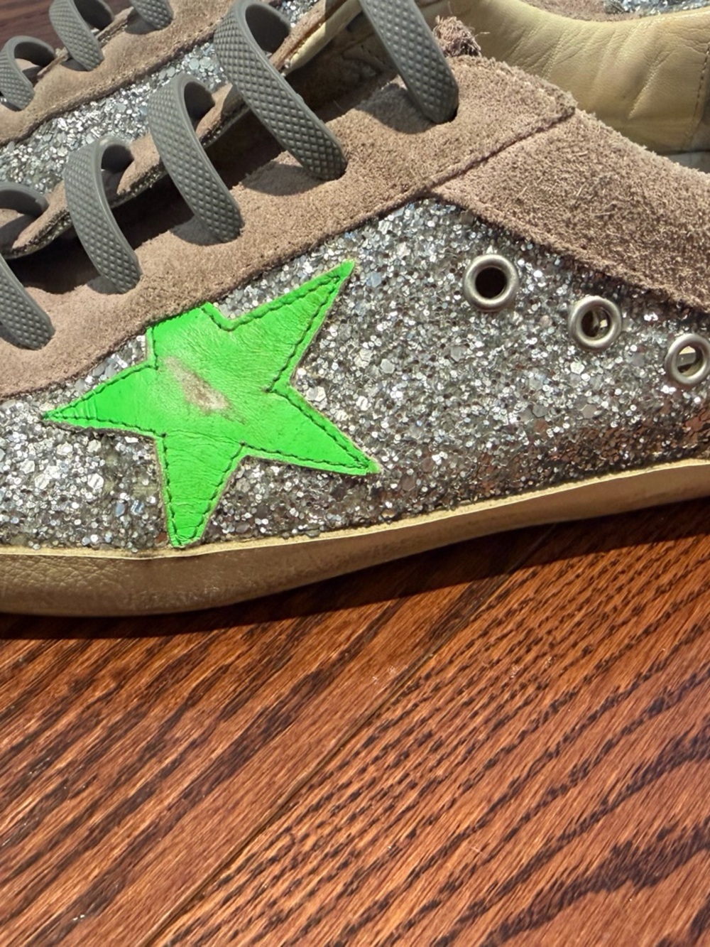 Golden Goose Silver Glitter Sneakers with Neon Green Star - Picture 8 of 11